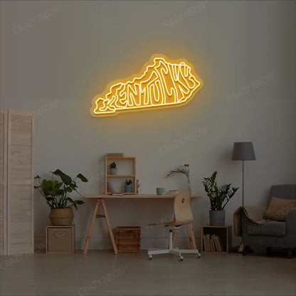 KENTUCKY Map Neon Sign lighting up in orange color in a room