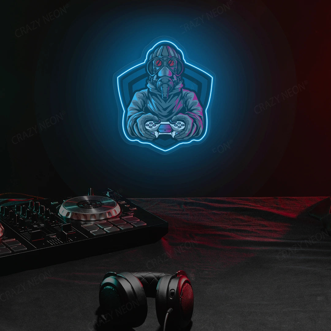 Gas Mask Soldier Gamer Neon Artwork in Iceblue color
