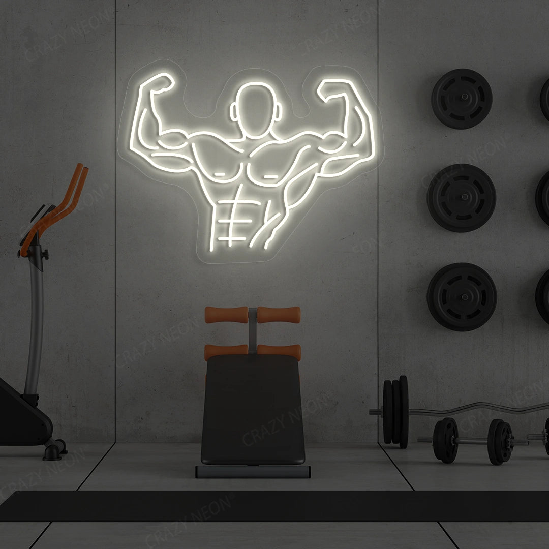 warm white flexing bodybuilder gym neon sign mounted on a wall