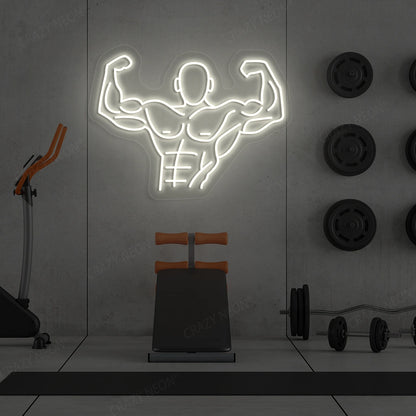 warm white flexing bodybuilder gym neon sign mounted on a wall