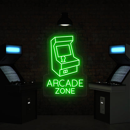 green nostalgic arcade zone vintage neon sign mounted on a wall