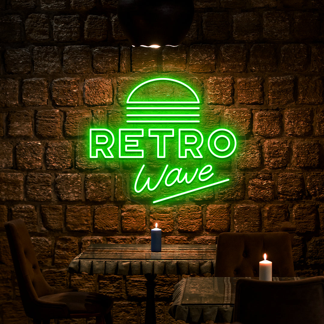 green retro wave vintage neon sign mounted on a wall