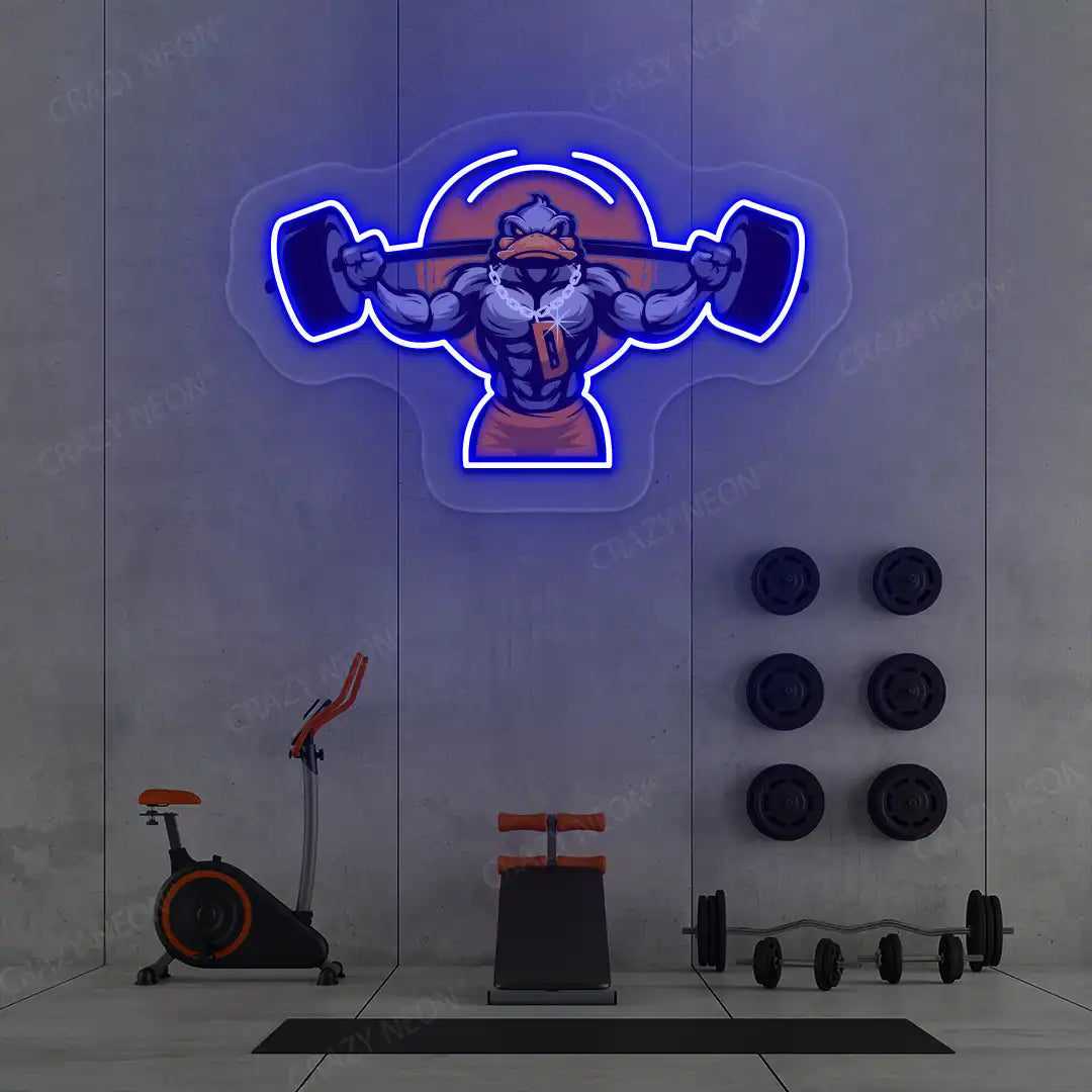 blue muscular duck powerlifting gym neon artwork mounted on a wall