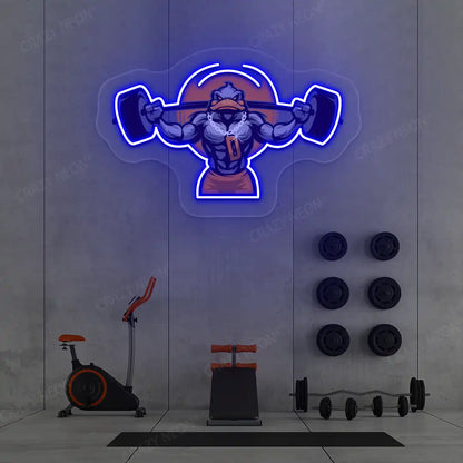 blue muscular duck powerlifting gym neon artwork mounted on a wall