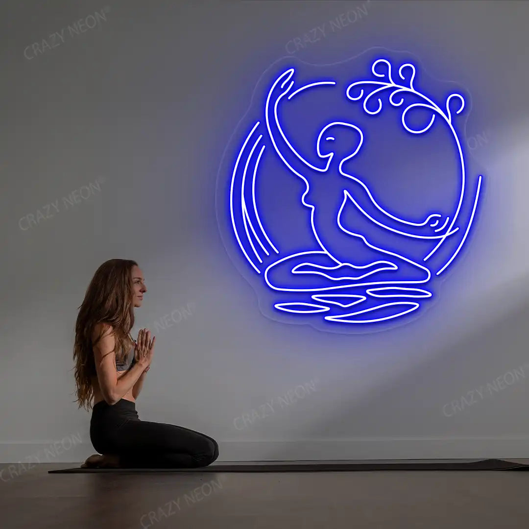 Chi Flow meditation Neon Sign lighting up in blue color in a yoga room