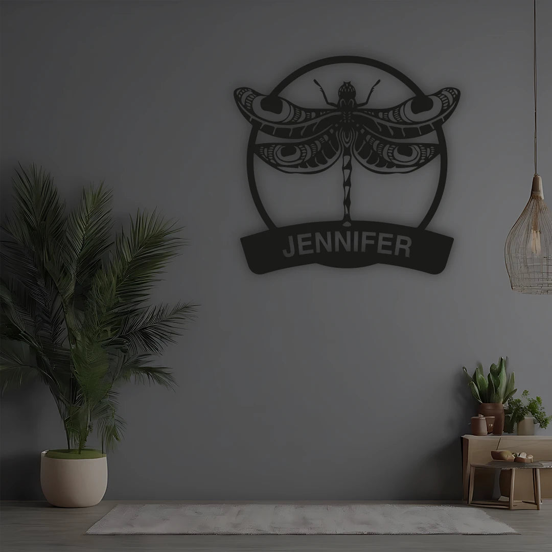 Dragonfly Custom Name Metal Monogram in black color
