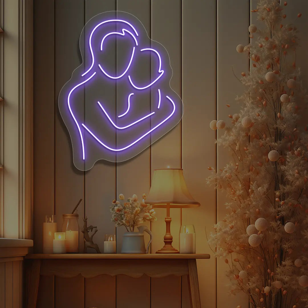 purple mamas hug neon sign mounted on a wall