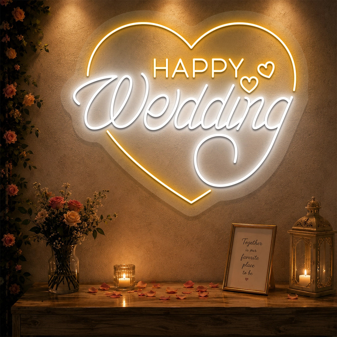 Happy Wedding Glow Neon Sign in Orange Color