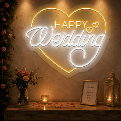 Happy Wedding Glow Neon Sign in Orange Color