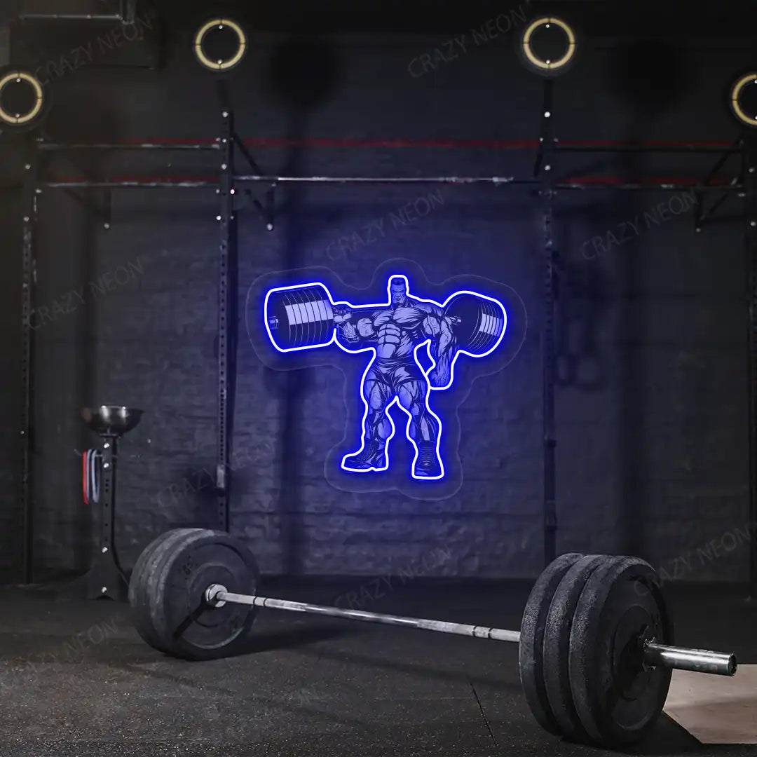 blue bodybuilder power flex gym neon artwork mounted on a wall