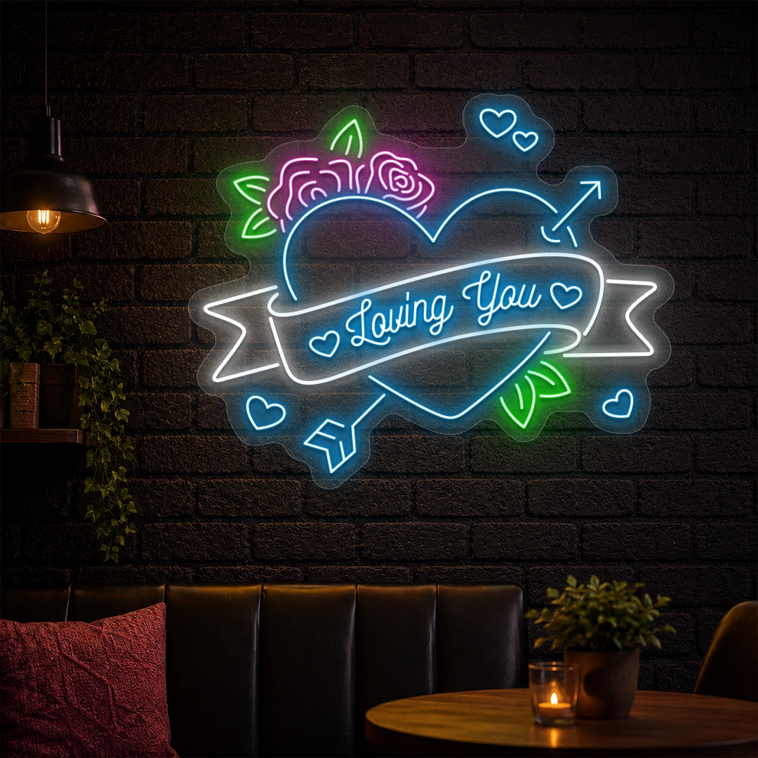 Loving You Rose Heart Arrow Neon Sign in iceblue color