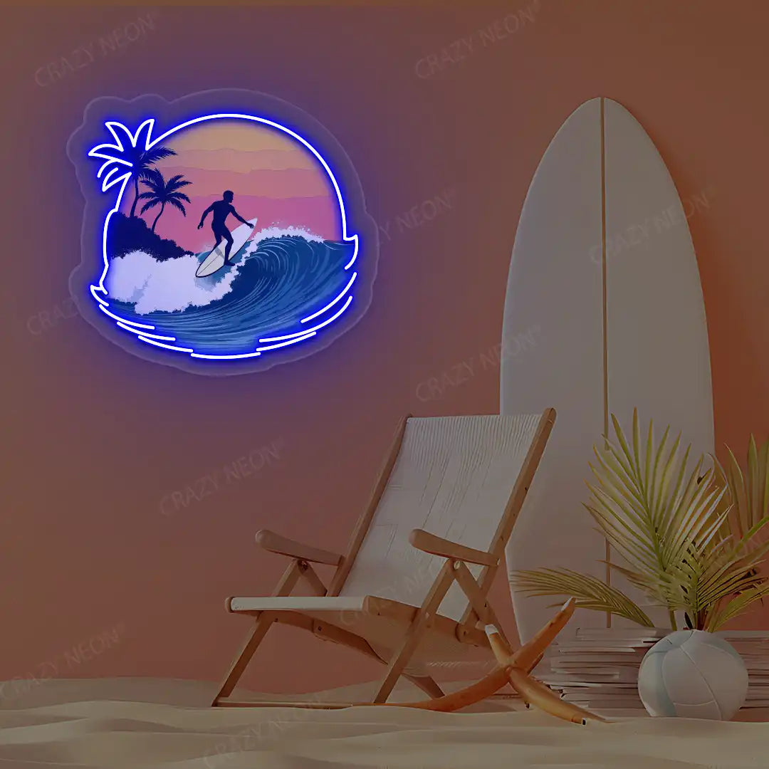 blue surfer wave palm tree neon artwork mounted on a wall