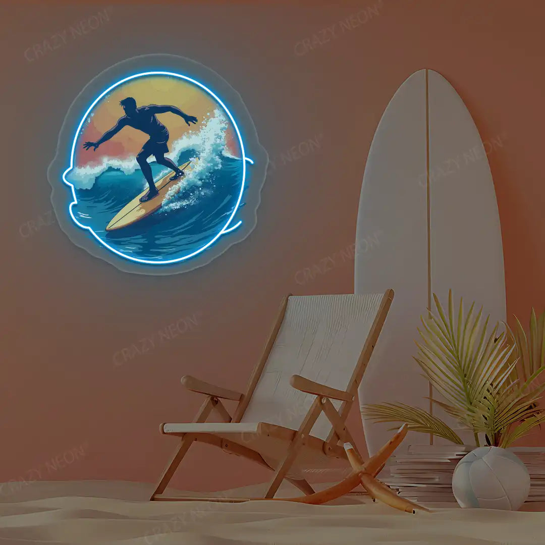 ice blue surfer catching wave neon artwork mounted on a wall