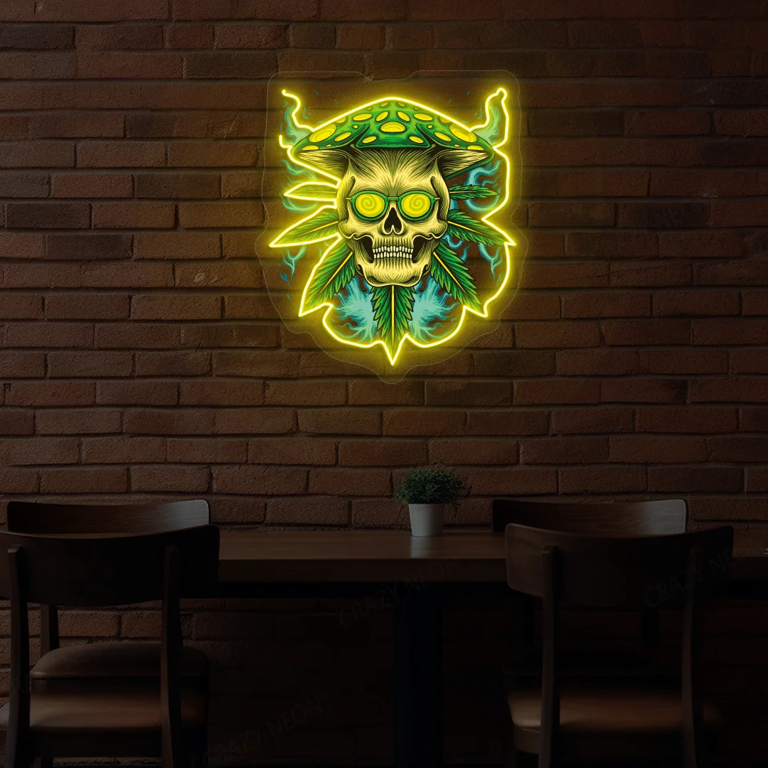 Psychedelic Skull Mushroom Hat Weed Neon Artwork in Yellow color