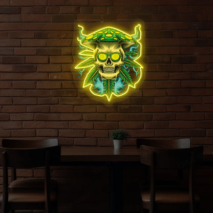 Psychedelic Skull Mushroom Hat Weed Neon Artwork in Yellow color
