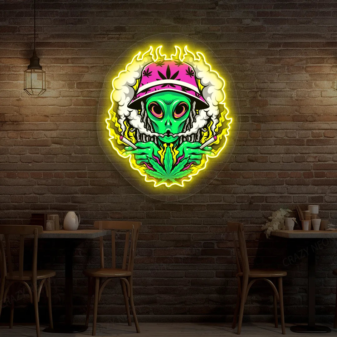 Alien Smoking Weed Neon Artwork in yellow color