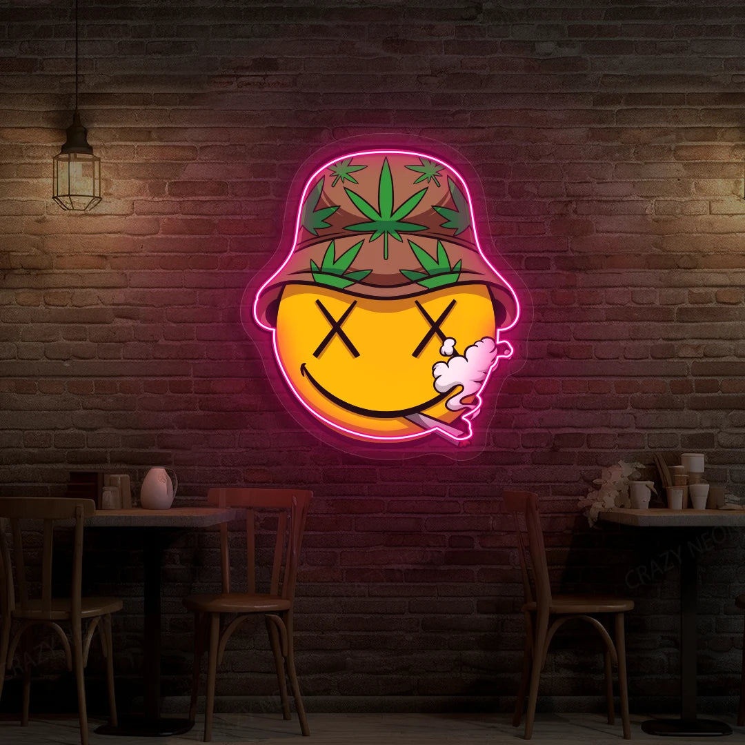 Smiley Stoner Weed Neon Artwork in Pink color