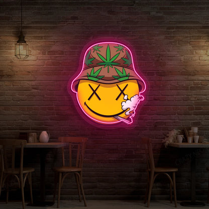 Smiley Stoner Weed Neon Artwork in Pink color