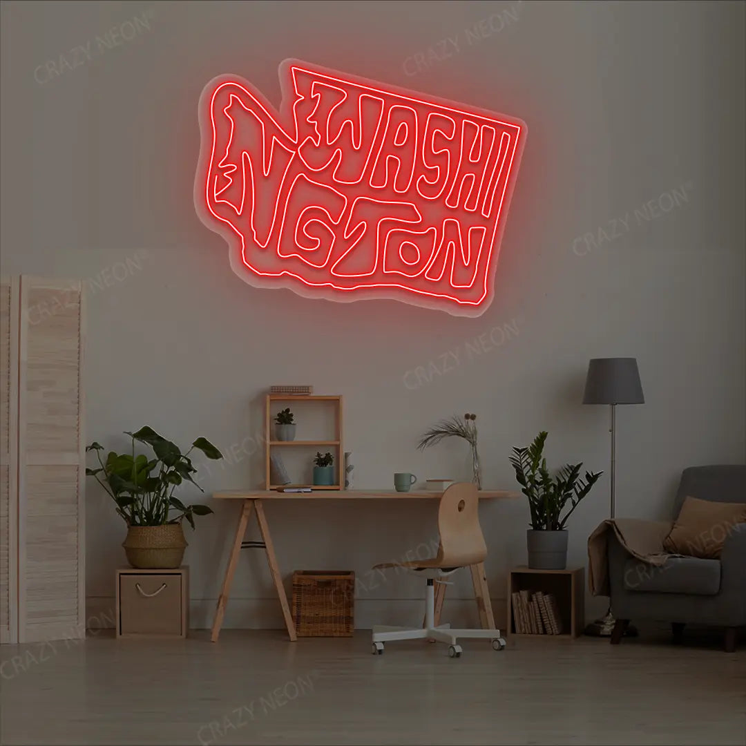 WASHINGTON Map Neon Sign lighting up in red color in a room