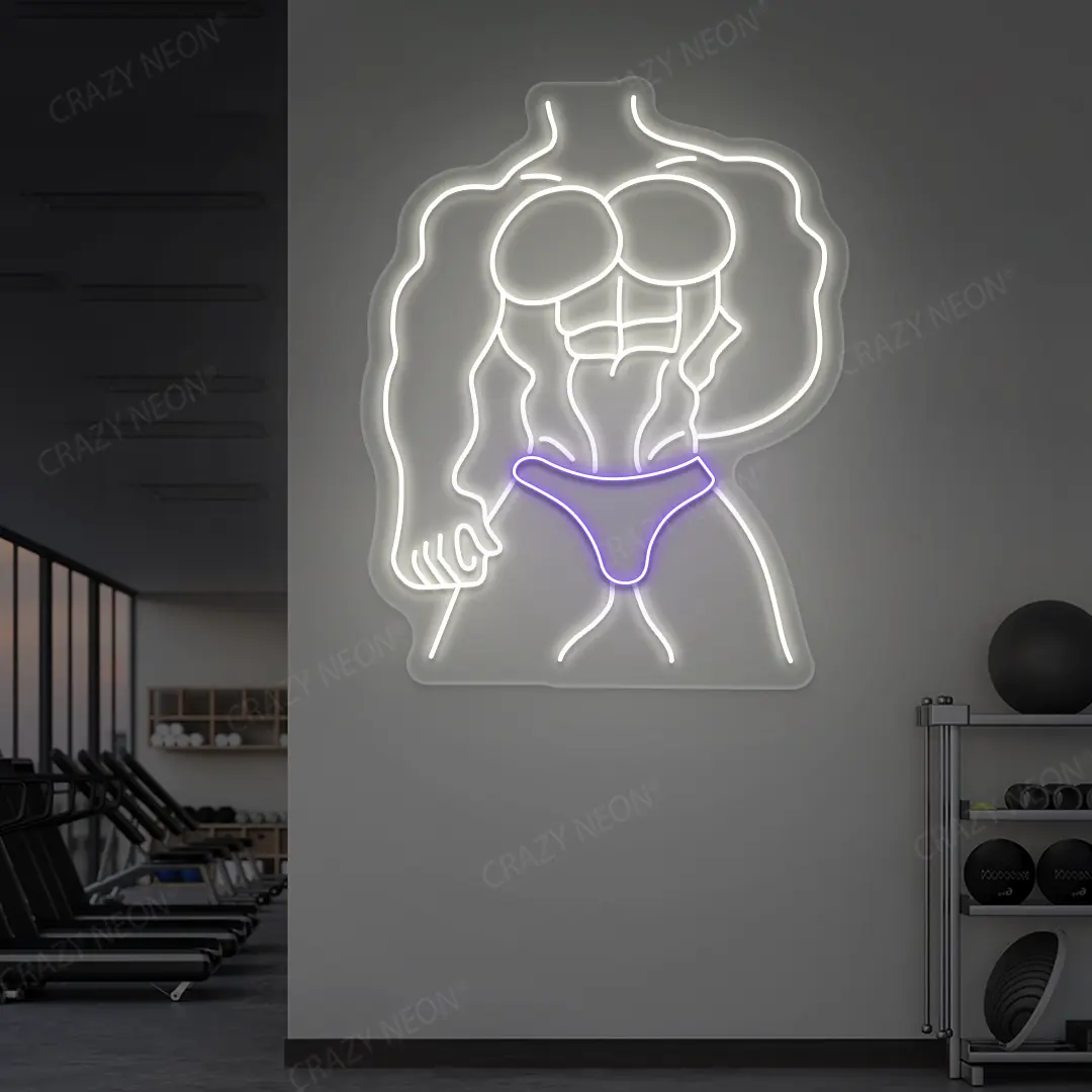 purple and white physique pro neon sign mounted on a wall