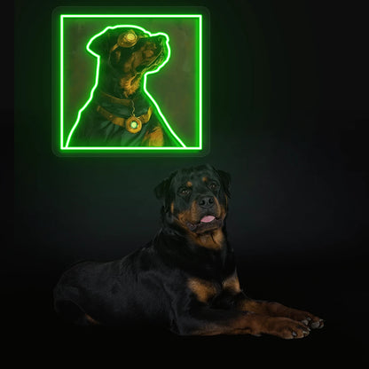 Steampunk Guardian Rottweiler Neon Artwork in Green Color