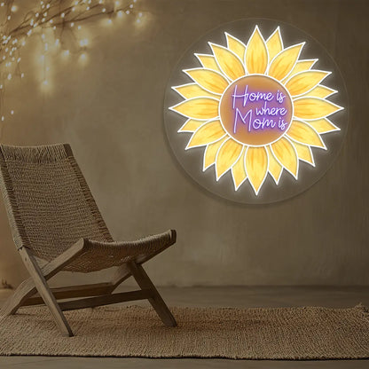 Home Is Where Mom Is Sunflower Neon Artwork in Purple color