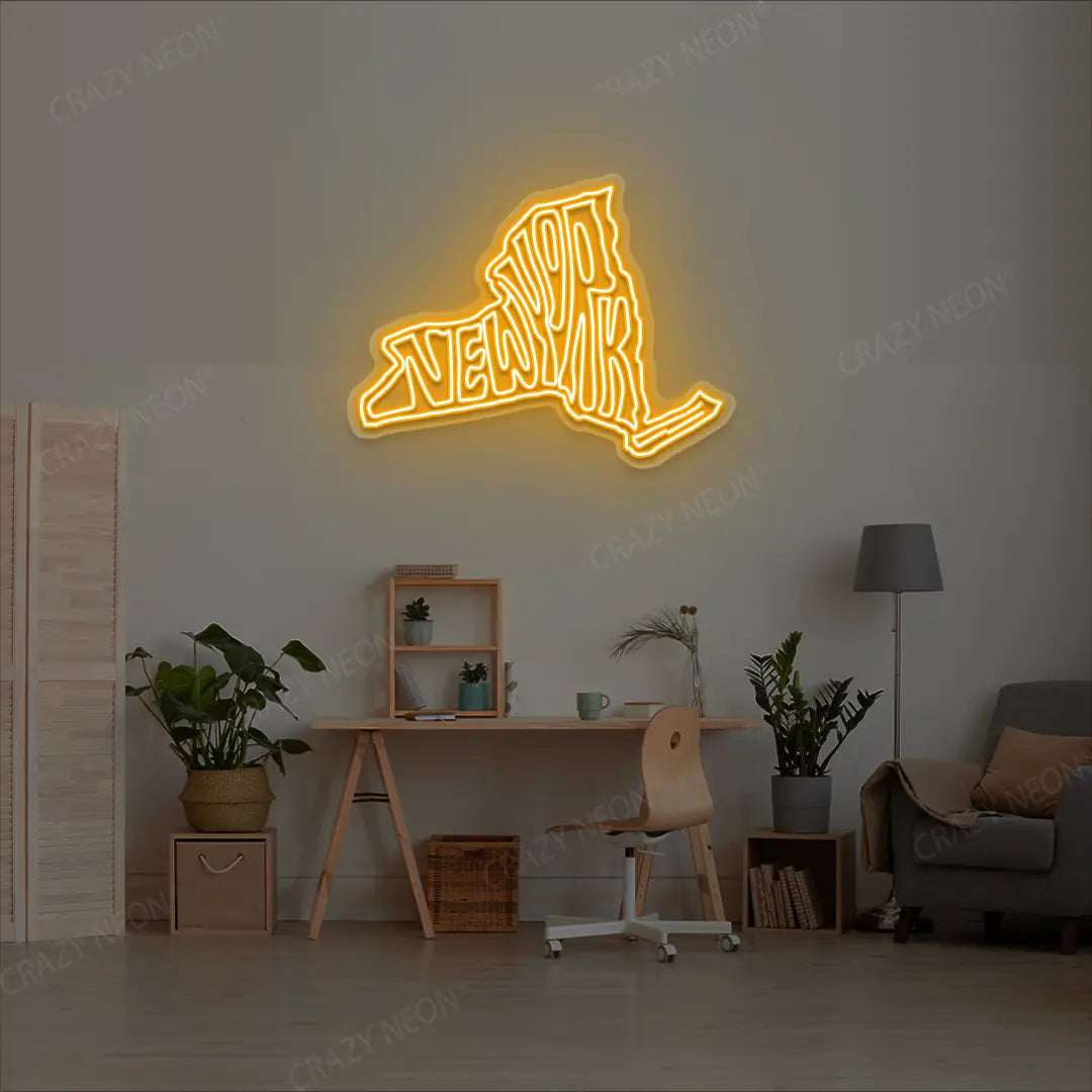 NEW YORK Map Neon Sign lighting up in orange color in a room