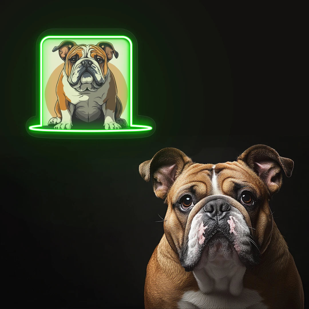 Bulldog Portrait Neon Artwork in Green Color