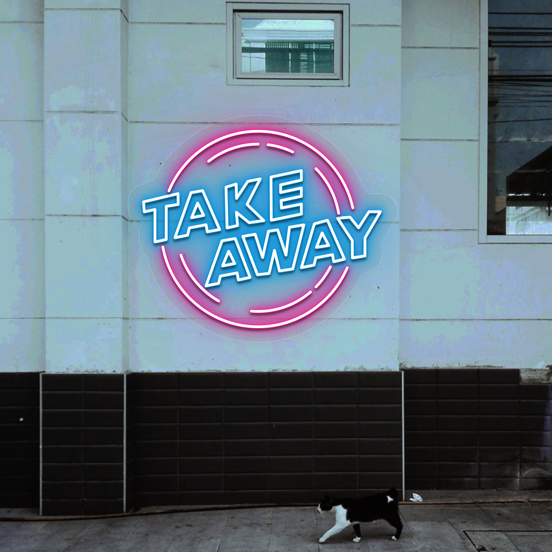 ice blue and pink urban take away retro neon sign mounted on a wall