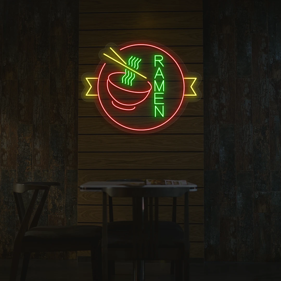 green red and yellow classic ramen neon sign mounted on a wall