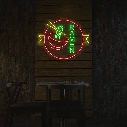 green red and yellow classic ramen neon sign mounted on a wall
