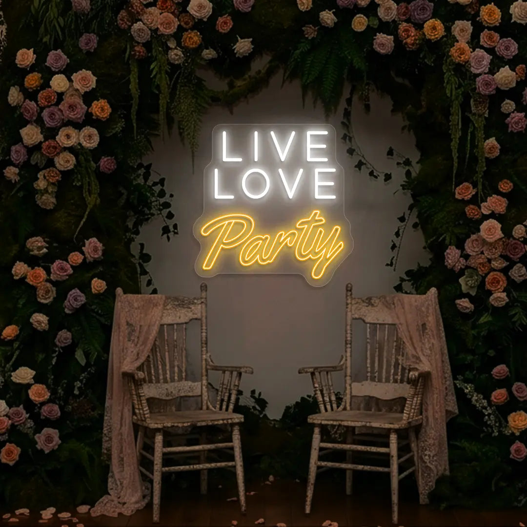 Live Love Party Neon Sign in Orange color