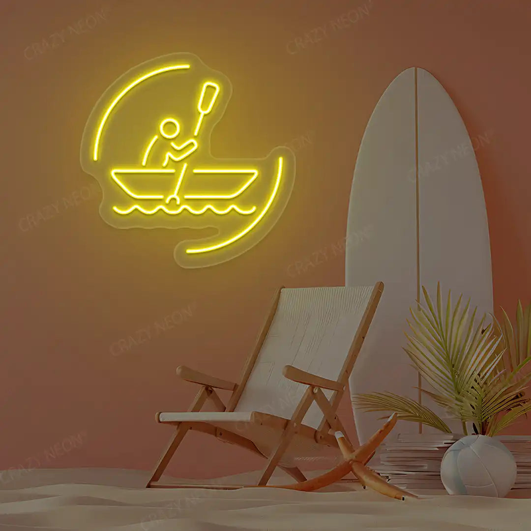 yellow solo rowing boat neon sign mounted on a wall