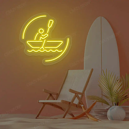yellow solo rowing boat neon sign mounted on a wall