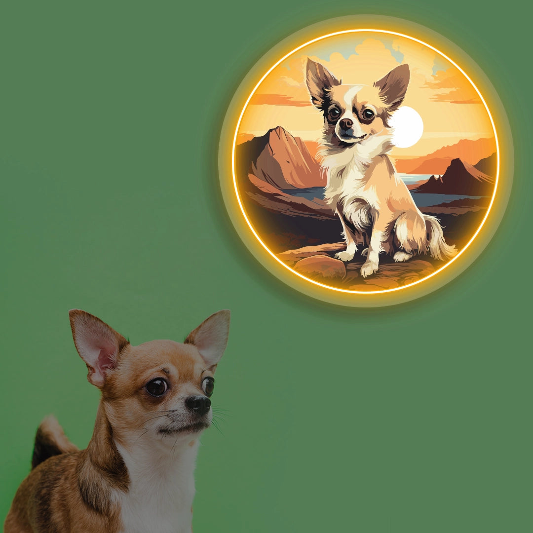 Sunset Canyon Long Coat Chihuahua Neon Artwork in Orange color