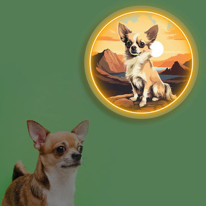 Sunset Canyon Long Coat Chihuahua Neon Artwork in Orange color