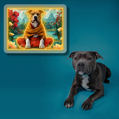 Peaceful Pitbull Monk Scenery Neon Artwork in Orange color