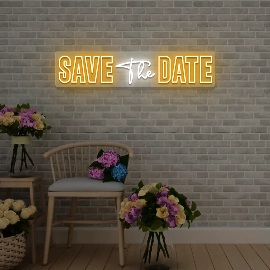 Save The Date Wedding Neon Sign in Orange color