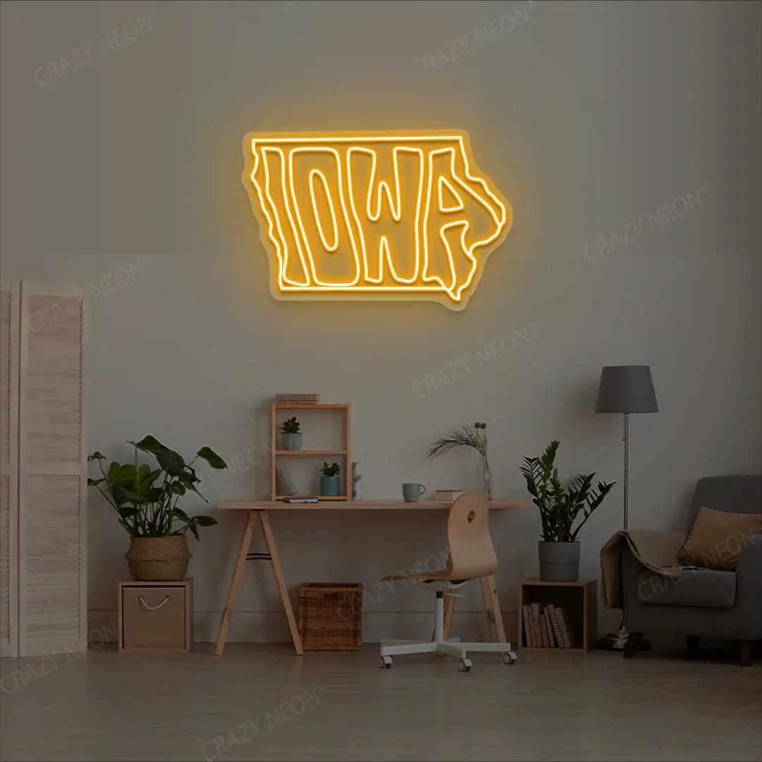 LOWA Map Neon Sign lighting up in orange color in a room