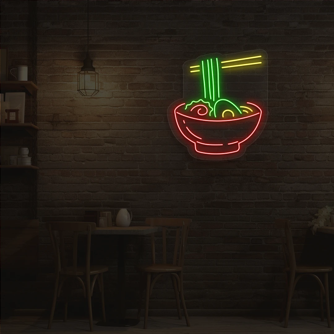 green yellow and red ramen vibes neon sign mounted on a wall