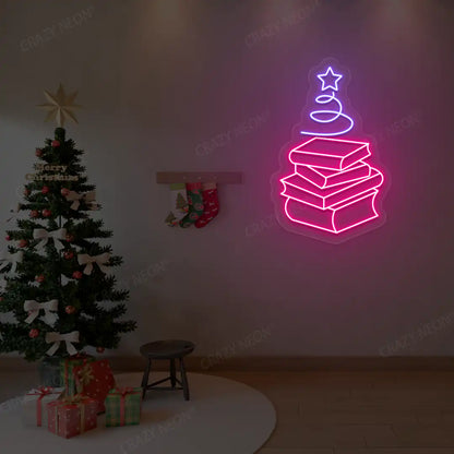 Stacked Books Christmas Tree Neon Sign | Purple