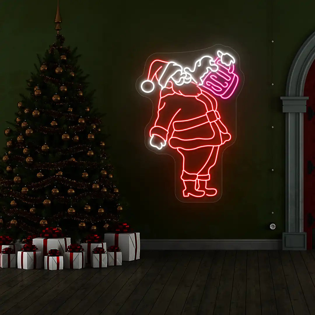 Santa with Beer Mug Neon Sign | Pink