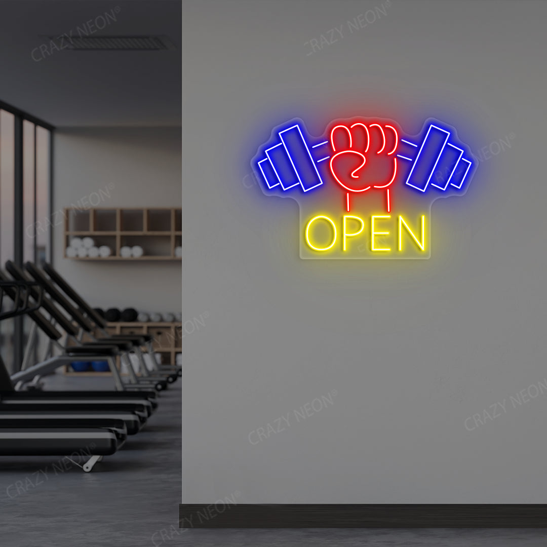 multi color open gym neon sign mounted on a wall