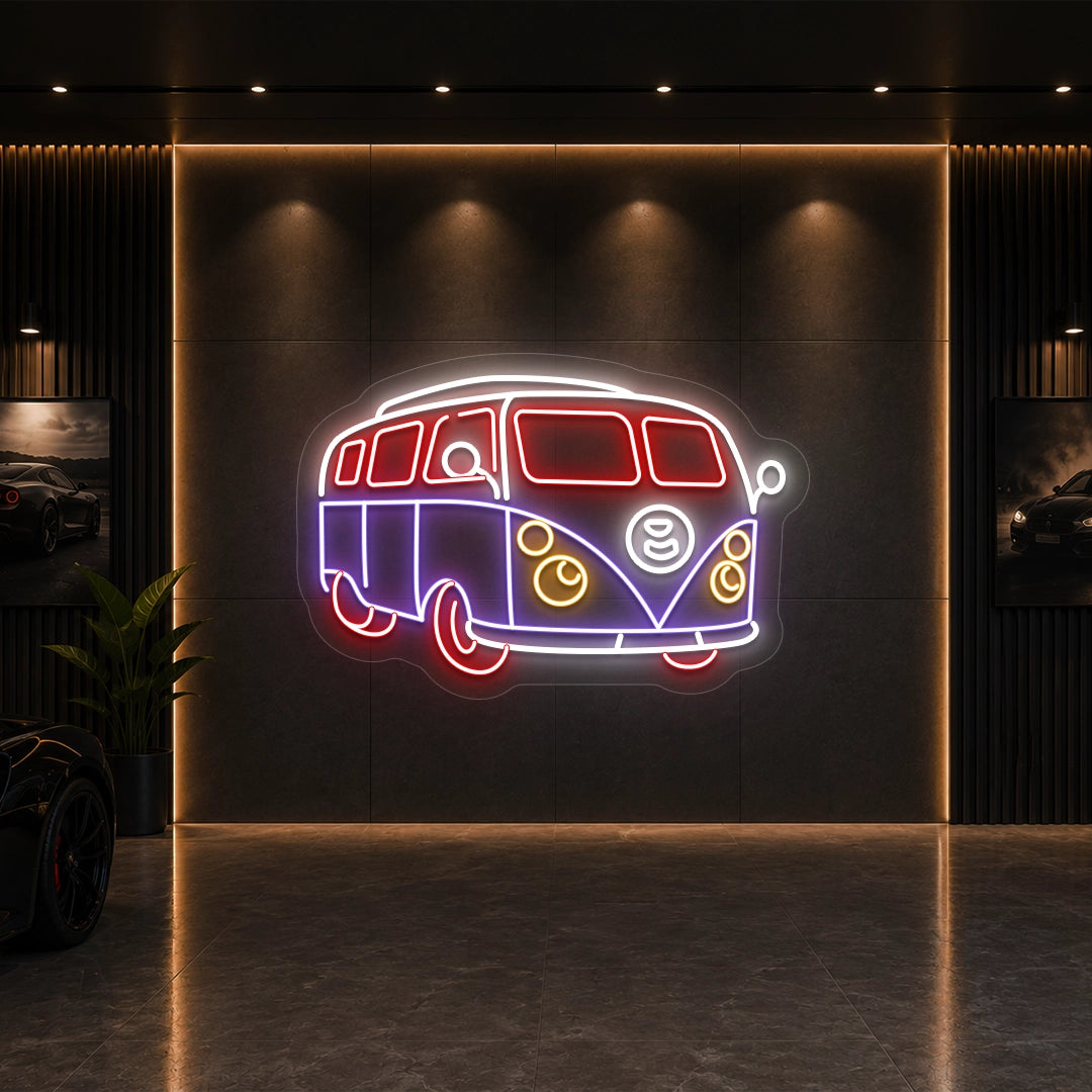 red purple and white camper van vintage neon sign mounted on a wall