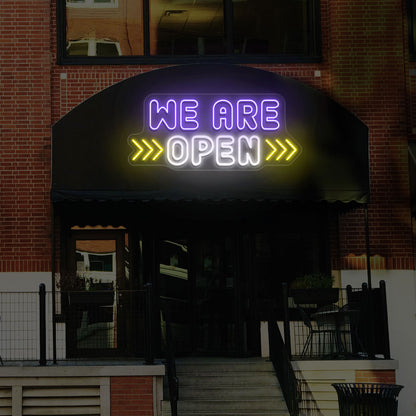 We Are Open Multicolor Sign with Horizontal Arrow