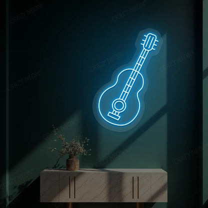 ice blue acoustic guitar neon sign mounted on a wall