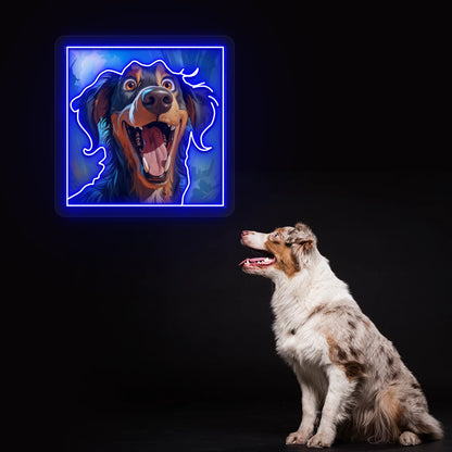 Happy Australian Shepherd Portrait Neon Artwork in blue Color