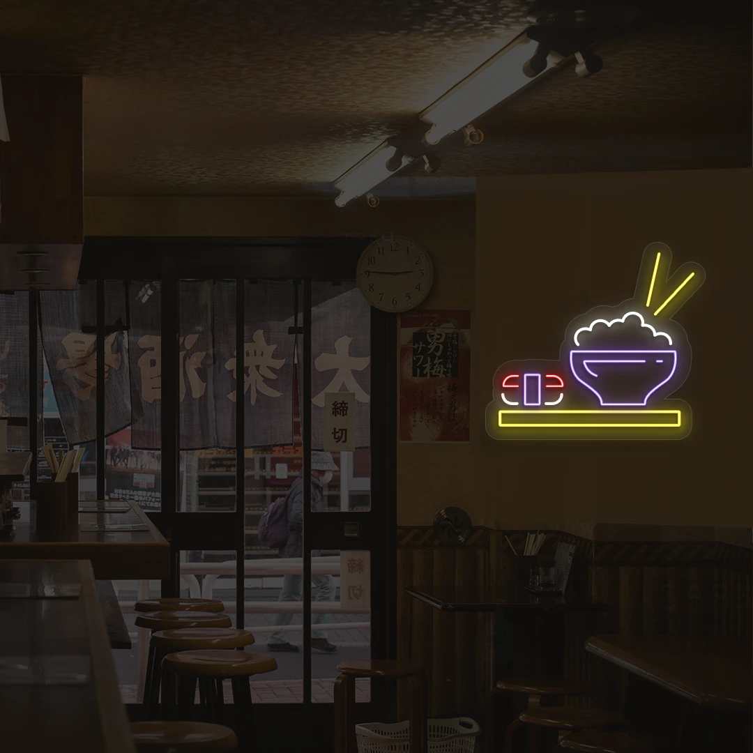 purple and multi color sushi and rice bowl neon sign mounted on a wall