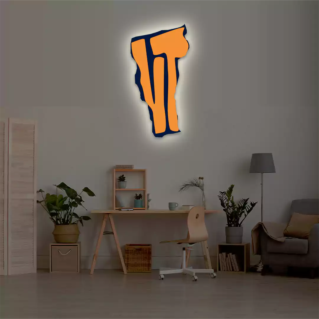 Vermont map backlit metal wall art vinyl print with warm white LED glow