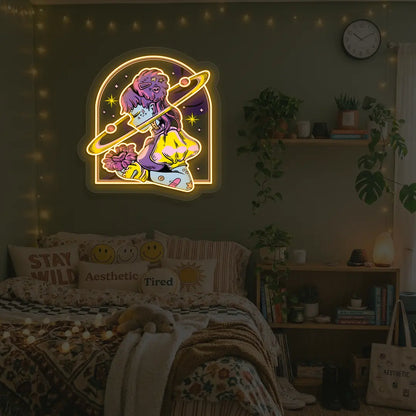 Galactic Girl Neon Artwork in orange color